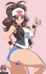  ass baseball_cap blue_eyes blush breasts brown_hair cleavage crossover curvy hat kamen_rider kamen_rider_black kamen_rider_black_(series) kihaiu long_hair pokemon pokemon_(game) pokemon_bw short_shorts shorts slit_pupils smile thumbs_up touko_(pokemon) vest wedgie white_(pokemon) wristband 