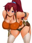 1girl armlet bellows_(suisei_no_gargantia) blue_eyes breasts cleavage curvy earrings female garter_straps gloves hand_on_hip hoop_earrings huge_breasts jewelry kawanuma_uotsuri leaning_forward long_hair looking_at_viewer navel ponytail raised_eyebrows red_hair short_shorts shorts simple_background smile solo suisei_no_gargantia tan thighhighs white_background