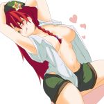 1girl :q areola_slip areolae arm_behind_head armpits arms_up bacho blush braid breasts covered_nipples erect_nipples female green_eyes hat heart hong_meiling licking_lips lip_licking long_hair naughty_face open_clothes open_shirt red_hair shirt shorts smile solo star tongue tongue_out touhou twin_braids