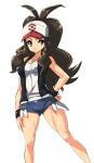 1girl antenna_hair baseball_cap black_hair blue_eyes breasts brown_hair creatures_(company) denim denim_shorts female_protagonist_(pokemon_bw2) game_freak hand_on_hip hat high_ponytail hilda_(pokemon) hips humans_of_pokemon jean_shorts light-skinned_female long_hair nekomamire nintendo pokemon pokemon_(anime) pokemon_(game) pokemon_black_2_&_white_2 pokemon_black_and_white pokemon_bw pokemon_bw2 ponytail short_shorts shorts simple_background smile solo touko_(pokemon) vest white_(pokemon) white_background wristband