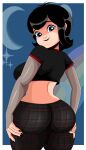 1girl ass ass_focus big_breasts black_hair black_nails black_shirt blue_background blue_eyes breasts clothed_female clothing dat_ass female_focus female_only goth hotel_transylvania light-skinned_female light_skin looking_back mavis_dracula milf moon non-nude plaid_panties short_hair smile sonson-sensei teen teenage teenage_girl vampire