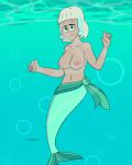  1girl anthro bare_breasts bare_shoulders big_breasts blonde blonde_hair bottomwear breasts bubble clothed disney disney_channel disney_xd female freckles green_eyes green_scales hair humanoid jackie_lynn_thomas mermaid mole multicolored_hair nipples nude partially_clothed reigning_art scales sea short_hair smile solo solo_female solo_focus star_vs_the_forces_of_evil topless two_tone_hair underwater water water_bubble 