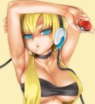 1girl :o armpits arms_up asanagi bandeau blonde_hair blue_eyes breasts choker cleavage gym_leader highres holding holding_poke_ball kamitsure_(pokemon) large_breasts lips nail_polish pink_nails poke_ball pokemon pokemon_(game) pokemon_black_and_white pokemon_bw revision shirt short_hair sideboob solo taut_clothes taut_shirt underboob