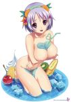  1girl arm arms arms_crossed art banana bare_legs bare_shoulders barefoot between_breasts between_legs big_breasts blush breast_hold breasts cherry_(fruit) cleavage collarbone cream crossed_arms feet_in_water female flower food fruit hair hair_flower hair_ornament hairband hairclip heart highres ice ice_cube kiwi kneel kneeling koutaro large_breasts lavender_hair legs looking_at_viewer nail_polish navel nipples nude open_mouth orange_(fruit) pineapple purple_eyes shiny shiny_hair shiny_skin short_hair shy simple_background smile solo straw sweat sweatdrop tiptoes wakamezake water wet white_background 