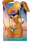  1girl absurd_res anthro archie_comics ass bikini bunnie_rabbot clothing dat_ass eyewear eyewear_on_head high_res lagomorph leporid mammal mobian_monster palm_tree photo_background pinup plant pose rabbit sega sky_background smile smiling_at_viewer sonic_the_hedgehog_(archie) sonic_the_hedgehog_(comics) sonic_the_hedgehog_(series) sunglasses sunglasses_on_head sunset swimwear text text_on_clothing tree water 