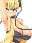  1girl armpits bad_id blonde_hair blue_eyes blush breasts choker cleavage creatures_(company) elesa_(pokemon) game_freak gym_leader humans_of_pokemon kamitsure_(pokemon) large_breasts naru_(kuma) nintendo nipple_slip nipples pokemon pokemon_(anime) pokemon_(game) pokemon_black_2_&amp;_white_2 pokemon_black_and_white pokemon_bw pokemon_bw2 purple_eyes short_hair simple_background solo white_background 