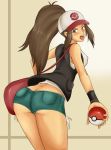 ass bag blue_eyes blush breasts brown_hair cameltoe erect_nipples female gradient gradient_background long_hair momo_765 open_mouth pokemon pokemon_(game) pokemon_black_and_white pokemon_bw ponytail rirakukan smile solo tongue touko_(pokemon) vest white_(pokemon)