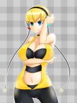 1girl bare_shoulders blonde_hair blue_eyes breasts center_opening cleavage electricity elesa_(pokemon) female game_freak grey_background gym_leader halter_top halterneck hand_on_head headphones heka=ton huge_breasts humans_of_pokemon kamitsure_(pokemon) navel nintendo pokemon pokemon_(anime) pokemon_(game) pokemon_black_2_&_white_2 pokemon_black_and_white pokemon_bw pokemon_bw2 short_hair simple_background smile solo