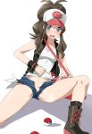  1girl bag blush breasts collarbone denim denim_shorts female female_protagonist_(pokemon_bw2) game_freak hilda_(pokemon) humans_of_pokemon legs nintendo open_fly open_pants pokemon pokemon_(anime) pokemon_(game) pokemon_black_2_&amp;_white_2 pokemon_black_and_white pokemon_bw pokemon_bw2 pussy pussy_peek shorts solo thighs touko_(pokemon) uncensored unzipped white_(pokemon) yokaze_japan 