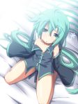 1girl ahoge aqua_eyes aqua_hair bare_shoulders blush colored detached_sleeves drooling female green_hair highres long_hair miku_hatsune off_shoulder pajamas panties saliva sitting sleepy solo striped striped_panties tired underwear vocaloid wariza younger yukitsuki yuzuki_kei