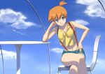 1girl alluring arm_support bad_id biwa_(kt) blue_eyes breasts chair cleavage cloud creatures_(company) crossed_legs denim denim_shorts dragon dragonite game_freak gonoike_biwa green_eyes gym_leader humans_of_pokemon kasumi_(pokemon) legs_crossed midriff misty_(pokemon) navel nintendo orange_hair pokemon pokemon_(anime) pokemon_red_green_blue_&_yellow pokemon_rgby short_shorts shorts sitting sky smile suspenders table wataru_(pokemon)