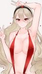  1girl alluring alternate_costume bare_legs big_breasts bikini corrin_(fire_emblem) corrin_(fire_emblem)_(female) double_v female_only fire_emblem fire_emblem_fates looking_at_viewer nintendo one-piece_swimsuit pointy_ears red_swimsuit serafineart1001 sling_bikini slingshot_swimsuit swimsuit v v_sign valentine&#039;s_day 