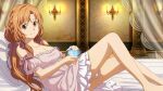 1girl 1girl alluring asuna_(sao) bare_legs bed_sheet braid breasts brown_eyes brown_hair candelabra candlestand cleavage closed_mouth curtains dress game_cg hair_ribbon high_res indoors layered_dress long_hair looking_at_viewer medium_breasts multicolored_clothes multicolored_dress off-shoulder_dress off_shoulder official_art pillow pink_dress pink_ribbon pink_sleeves ribbon short_dress short_sleeves sleepwear smile sword_art_online sword_art_online_last_recollection very_long_hair white_dress