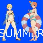 aqua_eyes bad_id barefoot bikini blonde_hair blue_background blue_eyes blush bob_cut breasts brown_hair cable cleavage creatures_(company) elesa_(pokemon) english fuuro_(pokemon) game_freak gloves gym_leader hair_ornament hood hoodie humans_of_pokemon innertube jacket kamitsure_(pokemon) large_breasts long_hair looking_back multiple_girls navel nintendo noe_yuuhi open_clothes open_shirt pokemon pokemon_(anime) pokemon_(game) pokemon_black_2_&_white_2 pokemon_black_and_white pokemon_bw pokemon_bw2 redhead sandals shirt short_hair side-tie_bikini simple_background skyla_(pokemon) smile swimsuit ueno_makoto