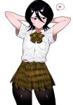  1girl armpits black_hair bleach blue_eyes female_only hands_behind_head kuchiki_rukia medium_hair miniskirt pervert pervert_female school_uniform sexually_suggestive short_hair skirt solo_focus spoken_heart uniform white_background 