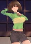 1girl 2010s 2018 2d 2d_(artwork) aged_up artist_name bangs belt big_breasts blush bottomwear breasts brown_belt brown_bottomwear brown_eyebrows brown_hair brown_pants brown_shorts chara chara_(undertale) clothing cowboy_shot detailed_background deviantart digital_media_(artwork) eyebrows eyebrows_visible_through_hair eyelashes eyelashes_visible_through_hair eyes eyes_visible_through_hair facebook_username female_chara female_human finger_to_mouth green_clothing green_shirt green_sweater green_topwear hand_behind_head holding_knife holding_object horizontal-striped_shirt horizontal_stripes human human_only knife looking_at_viewer medium_breasts navel pants patreon_username red_eyes red_pupils senasky shirt short_hair shorts single_stripe solo_human striped striped_clothing sweater thighs topwear undertale undertale_(series) video_game_character video_games yellow_stripes