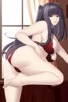  1girl 1girl 1girl alluring aslind_samure aslindsamure ass bangs bare_arms bare_legs barefoot black_eyes black_hair bra breasts female_only fire_emblem fire_emblem_awakening indoors legs lingerie looking_at_viewer looking_back milf nintendo panties partially_visible_vulva red_panties tharja tharja_(fire_emblem) thick_thighs underwear 