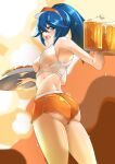 1girl alcohol alluring alternate_costume alternate_hairstyle ass beer blue_eyes blue_hair deekei fire_emblem fire_emblem_awakening from_below hooters large_ass looking_at_viewer looking_down lucina lucina_(fire_emblem) medium_breasts nintendo one_eye_closed open_mouth ponytail shorts smile tank_top waitress wink