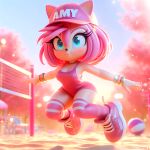  1girl ai_generated amy_rose baseball_cap blue_eyes breasts female_focus furry furry_female leotard sand sega sonic sonic_the_hedgehog_(series) volleyball_(ball) volleyball_net 