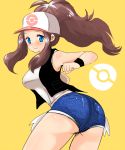 ass baseball_cap blue_eyes brown_hair denim denim_shorts han64 han_(jackpot) hat pokemon pokemon_(game) pokemon_black_and_white pokemon_bw short_hair shorts touko_(pokemon)