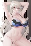  1girl alluring arms_behind_head aslind_samure aslindsamure bare_arms bare_legs bare_midriff big_breasts blue_bra bra bra_only cleavage corrin_(fire_emblem) corrin_(fire_emblem)_(female) female_only fire_emblem fire_emblem_fates grey_hair kneel long_hair looking_at_viewer midriff naked_from_the_waist_down nintendo pin_up pointy_ears pose pussy red_eyes smile underwear very_long_hair 