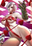 1girl 1girl alluring bandai_namco big_breasts blue_eyes bow breasts caucasian choker covered_breasts covered_nipples covered_pussy curvy eyelashes fighting_game gloves hearts huge_breasts isabella_valentine ivy_valentine legs looking_at_viewer mostly_nude namco namco_bandai parted_lips project_soul rankgo revealing_clothes ribbon robotic_arm sexy short_hair short_hair_female soul_calibur standing stomach thick thick_thighs toned valentine's_day watermark website_logo white_hair wide_hips