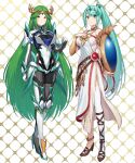 2_girls absurd_res alluring armlet armor asymmetrical_footwear bare_shoulders belt big_breasts blush breasts chest_jewel cleavage cosplay costume_switch dress earrings female_focus forehead_jewel gem gloves green322 green_eyes green_hair hair_ornament headpiece high_heels high_res jewelry kid_icarus kid_icarus_uprising laurel_crown long_hair looking_at_viewer matching_hair/eyes mismatched_footwear multiple_belts multiple_girls necklace nintendo palutena palutena_(cosplay) pendant pneuma_(xenoblade) pneuma_(xenoblade)_(cosplay) ponytail sandals side_slit simple_background single_thighhigh smile stockings strapless strapless_dress swept_bangs tiara trait_connection vambraces very_long_hair xenoblade_(series) xenoblade_chronicles_2