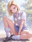  1girl android_18 blonde_hair blue_eyes dragon_ball dragon_ball_super dragon_ball_z female_only legs legs_apart looking_at_viewer medium_hair miniskirt panties pervert pervert_female school_uniform sexually_suggestive short_hair sitting skirt smile solo_focus uniform white_panties 