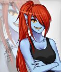  1girl 2d 2d_(artwork) anthro anthro_only artist_name artist_signature blue_body blue_skin breasts crossed_arms deviantart dhampirenevercry dienna_yuki digital_media_(artwork) ear_fins eyepatch female_anthro female_only fins fish fish_girl hair hair_over_one_eye head_fins long_hair marine monster monster_girl non-mammal_breasts ponytail red_hair red_ponytail sharp_teeth signature slit_pupils solo_anthro solo_female teeth undertale undertale_(series) undyne upper_body video_game_character video_games yellow_sclera yellow_teeth zoom_layer 