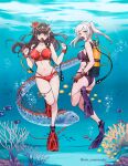  2girls alluring ass big_breasts bikini black_eyes black_hair blunt_bangs braid breasts brown_gloves bubble circlet cleavage commentary commission english_commentary female female_only fire_emblem fire_emblem_awakening fire_emblem_heroes fish flippers flower french_braid full_body gloves hair_flower hair_ornament long_hair looking_at_viewer medium_breasts milf multiple_girls navel nintendo ocean official_alternate_costume oxygen_mask oxygen_tank purple_bikini purple_swimsuit red_bikini red_flower red_swimsuit rein_creamsoda robin_(fire_emblem) robin_(fire_emblem)_(female) robin_(summer)_(fire_emblem)_(female) scuba scuba_gear scuba_tank sea stomach swept_bangs swimming swimsuit tharja tharja_(fire_emblem) tharja_(summer)_(fire_emblem) twin_tails twitter_username two_side_up underwater water yellow_eyes 