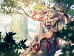  1girl anbe_yoshirou animal_ears bare_shoulders bell blunt_bangs breasts cat_ears cleavage detached_sleeves forest gloves hair_ribbon high_res leotard long_hair low_twintails medium_breasts nature nia nia_(blade)_(xenoblade) nia_(xenoblade) nintendo niyah one_eye_closed open_mouth outside red_ribbon ribbon silver_hair spoilers thighs twin_tails white_gloves white_legwear xenoblade_(series) xenoblade_chronicles_2 yawning yellow_eyes 