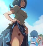  3_girls anime_milf big_breasts blue_eyes blue_hair breasts clothed_female dark-skinned_female dark_skin dress_lift e_keroron eye_contact female_focus female_only flower flower_in_hair green_hair human lana&#039;s_mother_(pokemon) lana_(pokemon) long_hair looking_at_viewer looking_back mallow_(pokemon) mao_(pokemon) mature mature_female milf milf mob_face multiple_girls nintendo no_sclera pale-skinned_female pale_skin pokemon pokemon_sm short_hair smile solo_focus suiren&#039;s_mother_(pokemon) suiren_(pokemon) sweat tagme thick_thighs thighs twin_tails video_game_franchise 