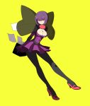  1girl bangs blunt_bangs bob_cut book breasts cleavage elite_four flying_paper glasses gloves high_heels ken_(koala) large_breasts legs long_legs notebook pale_skin pantyhose paper pink_eyes pokemon pokemon_(game) pokemon_black_and_white pokemon_bw purple_hair purple_skirt shikimi_(pokemon) skirt solo yellow_background 