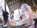  4girls absurd_res animal_ear_fluff animal_ears azur_lane big_breasts bird black_hair blunt_bangs breasts brown_hair bucket chick closed_eyes copyright_name cup flower food fox_ears grey_hair hair_between_eyes hair_flower hair_ornament hair_over_one_eye high_res long_hair looking_at_viewer manjuu_(azur_lane) medium_breasts mikasa_(azur_lane) multicolored_hair multiple_girls musashi_(azur_lane) nagato_(azur_lane) nail_polish onsen parted_lips partially_submerged purple_eyes sakazuki sitting snow soaking_feet steam streaked_hair thighs tree unzen_(azur_lane) upper_body water wet white_flower wooden_bucket yarn_(yarn_03) yellow_eyes 