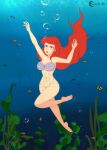  1girl air_bubbles aquaphilia bare_legs barefoot bottomless bra bra_only breasts bubbles cleavage darkseether disney drowning feet female human humanized naked_from_the_waist_down navel ocean princess_ariel pussy sea shell_bra solo the_little_mermaid underwater water 