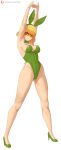  1girl absurd_res alluring alternate_costume animal_ears arms_(game) arms_up bare_shoulders blonde_hair blunt_bangs bob_cut bow bowtie breasts commentary covered_navel detached_collar english_commentary fake_animal_ears fake_tail full_body green_eyes high_heels high_res highleg highleg_leotard leotard looking_at_viewer mask min_min min_min_(arms) nintendo patreon_logo patreon_username playboy_bunny rabbit_ear_hairband rabbit_ears rabbit_tail short_hair strapless strapless_leotard stretching tail traditional_bowtie watermark web_address white_background wrist_cuffs zelc-face 