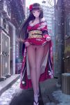 asamurasaki black_hair chinese_clothes dress_lift exhibitionism female_pervert female_pubic_hair kimono_lift lifted_by_self long_hair looking_at_viewer naughty_face no_panties original outside potential_duplicate smile snowflake_background wafuku