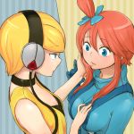 2girls ayatori blonde_hair blue_eyes breast_grab breasts creatures_(company) elesa_(pokemon) fuuro_(pokemon) game_freak grabbing gym_leader hair_ornament humans_of_pokemon kamitsure_(pokemon) multiple_girls nintendo pokemon pokemon_(anime) pokemon_(game) pokemon_black_2_&_white_2 pokemon_black_and_white pokemon_bw pokemon_bw2 red_hair skyla_(pokemon) yuri