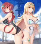  2_girls absurd_res ahoge ass bare_legs bare_shoulders big_breasts bikini blonde_hair blush cameltoe competition_swimsuit from_behind heroine heroines high_res long_hair looking_at_viewer looking_back multiple_girls mythra nintendo one-piece_bikini pyra red_eyes red_hair shiny shiny_clothes shiny_hair shiny_skin short_hair sideboob smile swimsuit thigh_strap tiara very_long_hair xenoblade_(series) xenoblade_chronicles_2 yanows yellow_eyes 