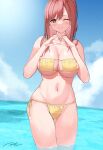  1girl alluring big_breasts bikini blush breasts cleavage cloud dead_or_alive dead_or_alive_6 dead_or_alive_xtreme dead_or_alive_xtreme_2 dead_or_alive_xtreme_3 dead_or_alive_xtreme_3_fortune dead_or_alive_xtreme_beach_volleyball dead_or_alive_xtreme_venus_vacation eyepatch_bikini female_focus heart heart_hands high_res hoki1314 honoka_(doa) honokaabsurdres matching_hair/eyes medium_hair midriff navel ocean one_eye_closed partially_submerged pink_eyes pink_hair side-tie_bikini_bottom signature skindentation sky smile standing strapless strapless_bikini swimsuit tecmo under_boob wading wink yellow_bikini 