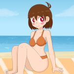  1:1 1:1_aspect_ratio 1girl 2020s 2023 2d 2d_(artwork) aged_up ahoge arm_support beach beach_mat bikini bikini_bottom bikini_top blacksunking breasts brown_hair chara chara_(undertale) clothing day deviantart digital_media_(artwork) female_chara female_human human human_only looking_at_viewer mat orange_bikini orange_bikini_bottom orange_bikini_top red_eyes sea short_hair sitting sky solo_human swimsuit thighs undertale undertale_(series) video_game_character video_games 