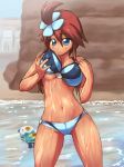  aoyagi_kakerugeki beach bikini blue_eyes blush breast_grab breast_hold breasts cleavage creatures_(company) female fuuro_(pokemon) game_freak gym_leader hair human humans_of_pokemon long_hair mijumaru navel nintendo oshawott outdoors outside pokemon pokemon_(anime) pokemon_(game) pokemon_black_2_&amp;_white_2 pokemon_black_and_white pokemon_bw pokemon_bw2 red_hair sky skyla_(pokemon) solo standing swimsuit water wet 