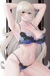  1girl alluring arms_behind_head aslind_samure aslindsamure bare_arms bare_midriff big_breasts blue_bra blue_panties bra cleavage corrin_(fire_emblem) corrin_(fire_emblem)_(female) female_only fire_emblem fire_emblem_fates grey_hair kneel long_hair looking_at_viewer midriff nintendo pin_up pointy_ears pose red_eyes smile underwear very_long_hair 