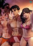 1girl 2boys abs athletic_female athletic_male bikini bisexual_male bisexual_sandwich black_hair brown_eyes dusk fit_female fit_male frenemies frivals hwoarang jin_kazama lean_body lean_muscle light-skinned_female light-skinned_male light_skin ling_xiaoyu looking_at_another looking_at_camera namco orange_hair pecs petite piffy selfpic speedo sunset swim_shorts swimsuits tekken tekken_7 tekken_8 tekken_tag_tournament_2 trio trio_focus tropical