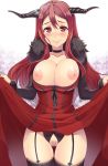 1girl black_legwear blush breasts choker crotchless_panties dress dress_lift female garter_straps highres horns large_breasts long_hair looking_at_viewer maou_(maoyuu) maoyuu_maou_yuusha nipples panties pochi_(pochi-goya) pubic_hair pussy red_eyes red_hair smile solo standing tears thighhighs uncensored underwear