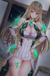  1girl 1girl 1girl alluring bangs bare_shoulders big_breasts big_breasts blonde_hair blush chest_jewel cleavage cleavage_cutout clothing dress earrings elbow_gloves fully_clothed gem gloves headpiece high_res jewelry long_hair looking_at_viewer mythra nintendo noeomi open_mouth short_dress swept_bangs thigh_strap thighs tiara white_dress white_gloves xenoblade_(series) xenoblade_chronicles_2 yellow_eyes 