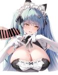  1boy 1girl animal animal_ear_fluff apron big_breasts blue_hair breasts censored cum cum_on_body cum_on_breasts facial gloves goddess_of_victory:_nikke heart heart_hands high_res looking_to_the_side maid maid_apron official_alternate_costume penis privaty_(nikke) twin_tails yatanukikey yellow_eyes 