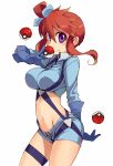 1girl bad_id belly between_fingers big_breasts blush breasts creatures_(company) female fuuro_(pokemon) game_freak gloves gym_leader hair hair_ornament humans_of_pokemon kusanagi_tonbo large_breasts legs midriff navel nintendo open_fly poke_ball pokemon pokemon_(anime) pokemon_(game) pokemon_black_2_&_white_2 pokemon_black_and_white pokemon_bw pokemon_bw2 porkyman purple_eyes red_hair short_hair short_shorts shorts simple_background skyla_(pokemon) smile solo unzipped white_background