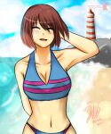  1girl 2010s 2017 2d 2d_(artwork) adapted_costume aged_up alternate_costume artist_name artist_signature beach blue_swimsuit bottomwear breasts brown_hair clothed clothed_female clothed_human clothing day deviantart dhampirenevercry dienna_yuki digital_media_(artwork) female_frisk female_human frisk frisk_(undertale) hand_behind_head human human_only lighthouse midriff navel sea short_hair signature sky smiling solo_human striped_swimsuit swimsuit topwear undertale undertale_(series) upper_body video_game_character video_games 