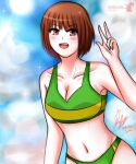 1girl 2010s 2017 2d 2d_(artwork) adapted_costume aged_up alternate_costume artist_name artist_signature bottomwear breasts brown_hair chara chara_(undertale) cleavage clothed clothed_female clothed_human clothing day deviantart dhampirenevercry dienna_yuki digital_media_(artwork) female_chara female_human green_swimsuit human human_only medium_breasts midriff navel red_eyes short_hair signature sky sky_background smiling solo_human striped_swimsuit swimsuit topwear undertale undertale_(series) upper_body v v_sign video_game_character video_games